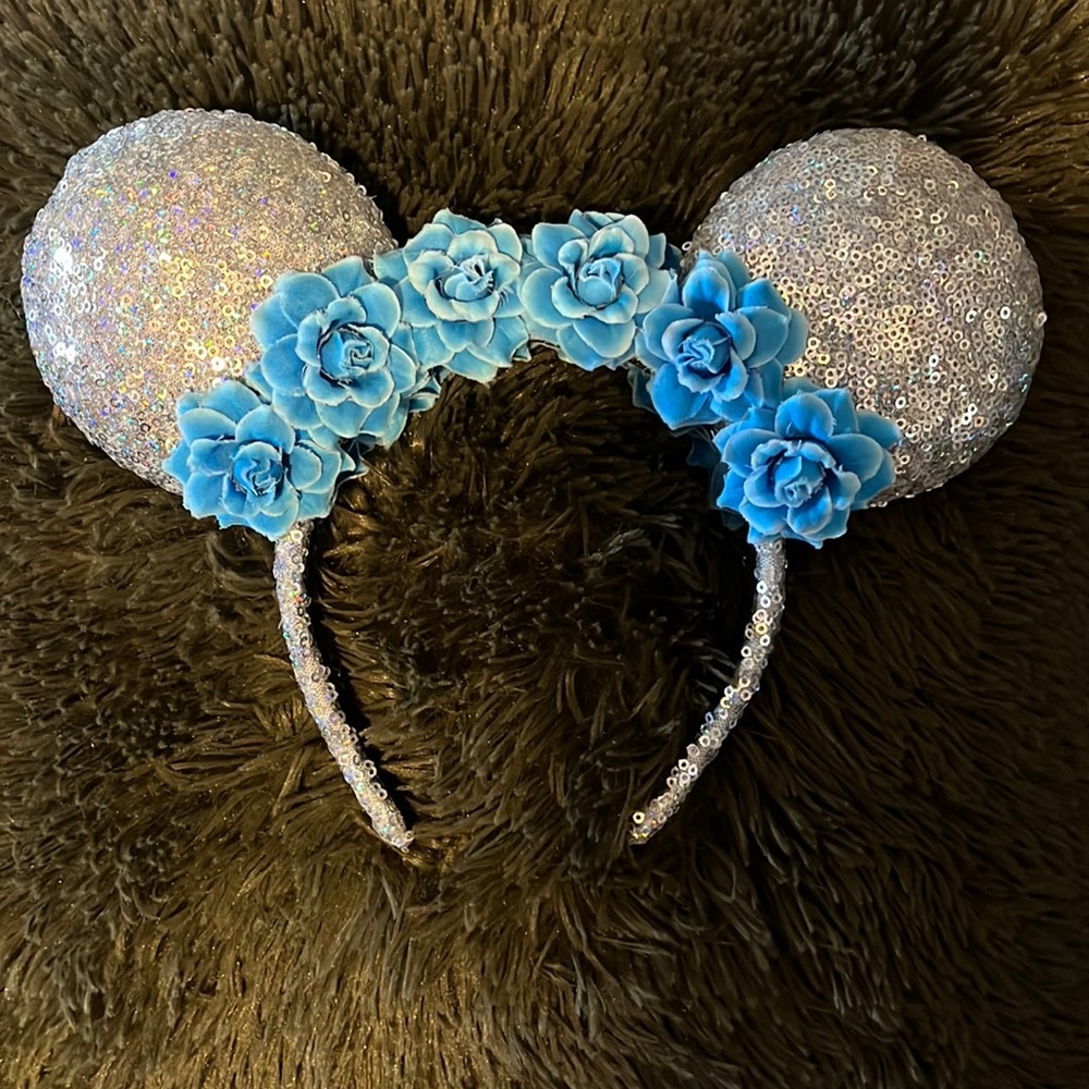 Silver sequin blue flower beautiful hand made Minnie ears